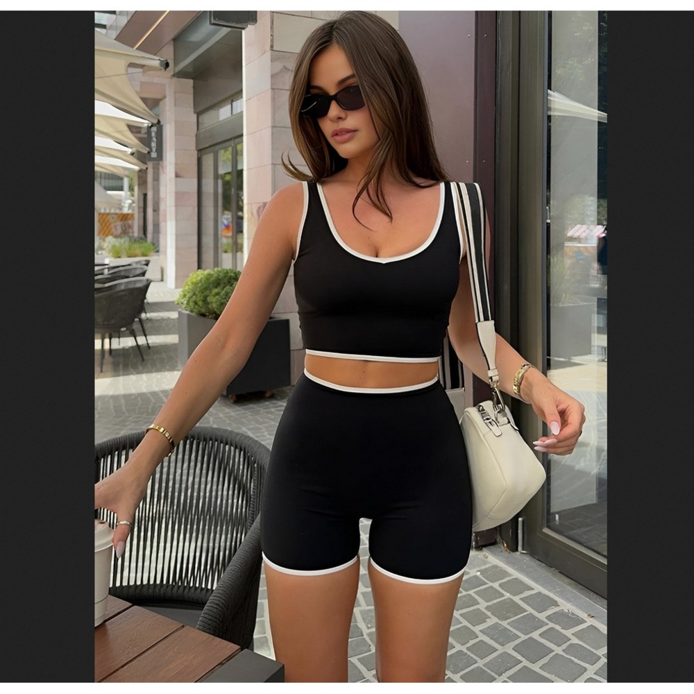 Commense NEW NWT Womens Small Black Contrast Trim Snug Shorts Set Lounge